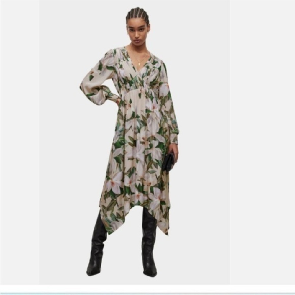 All Saints Cream Floral Asymmetrical Midi Dress